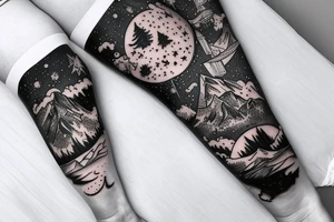 An leg sleeve with outer space at the top with mountains and a forest underneath tattoo idea