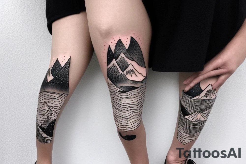 An leg sleeve with outer space at the top with mountains and a forest underneath tattoo idea