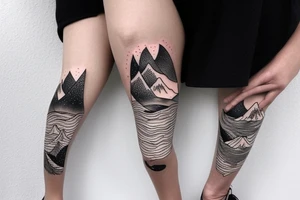 An leg sleeve with outer space at the top with mountains and a forest underneath tattoo idea