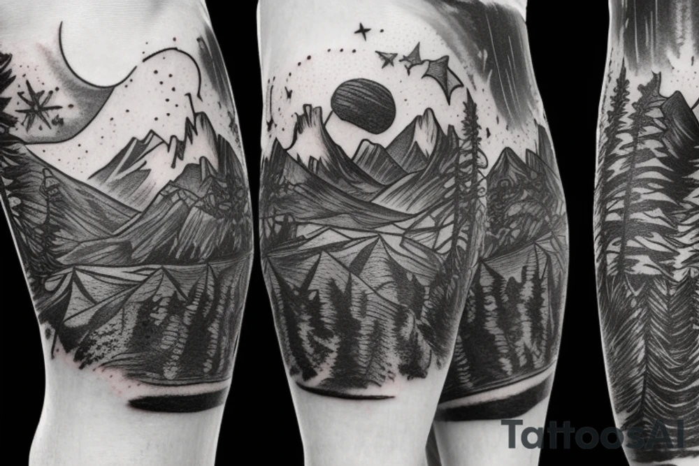 An leg sleeve with outer space at the top with mountains and a forest underneath tattoo idea