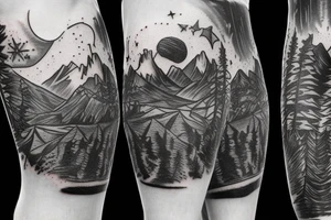 An leg sleeve with outer space at the top with mountains and a forest underneath tattoo idea