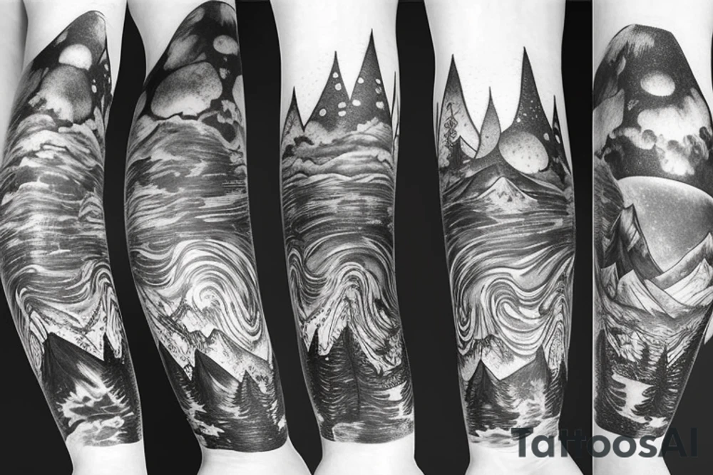 An huge leg sleeve with outer space at the top with mountains and a forest underneath tattoo idea