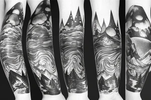 An huge leg sleeve with outer space at the top with mountains and a forest underneath tattoo idea