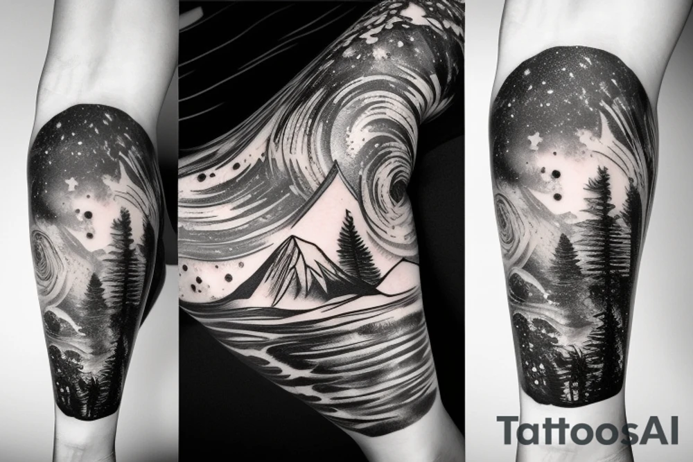 An huge leg sleeve with outer space at the top with mountains and a forest underneath tattoo idea