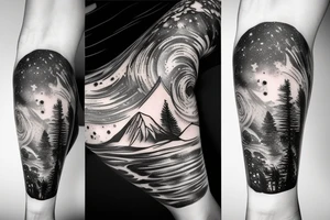 An huge leg sleeve with outer space at the top with mountains and a forest underneath tattoo idea