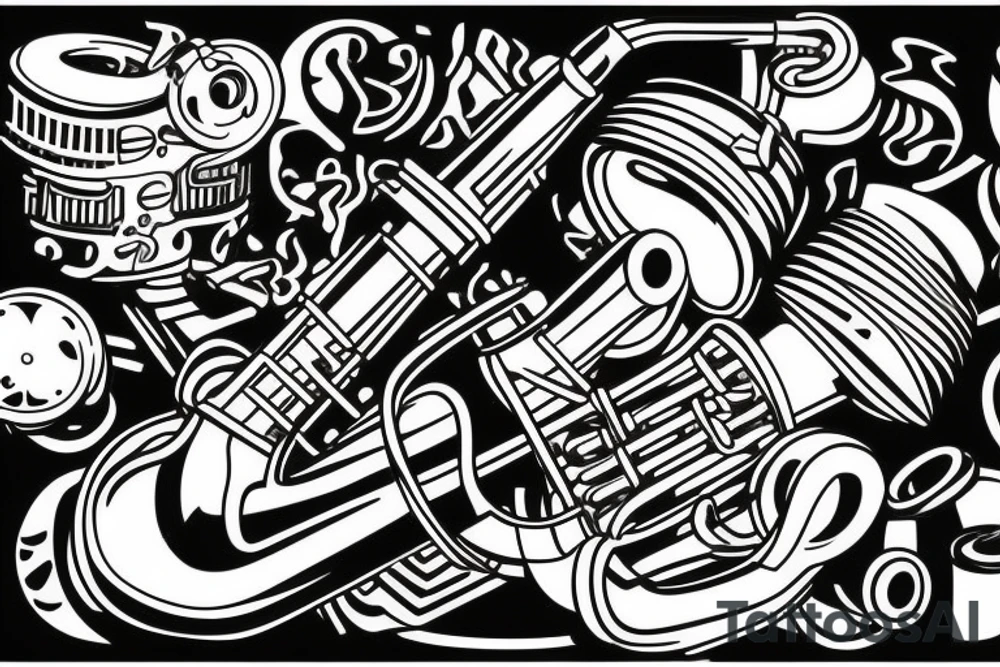 Robot playing a tenor saxophone in a Smokey Blues club tattoo idea