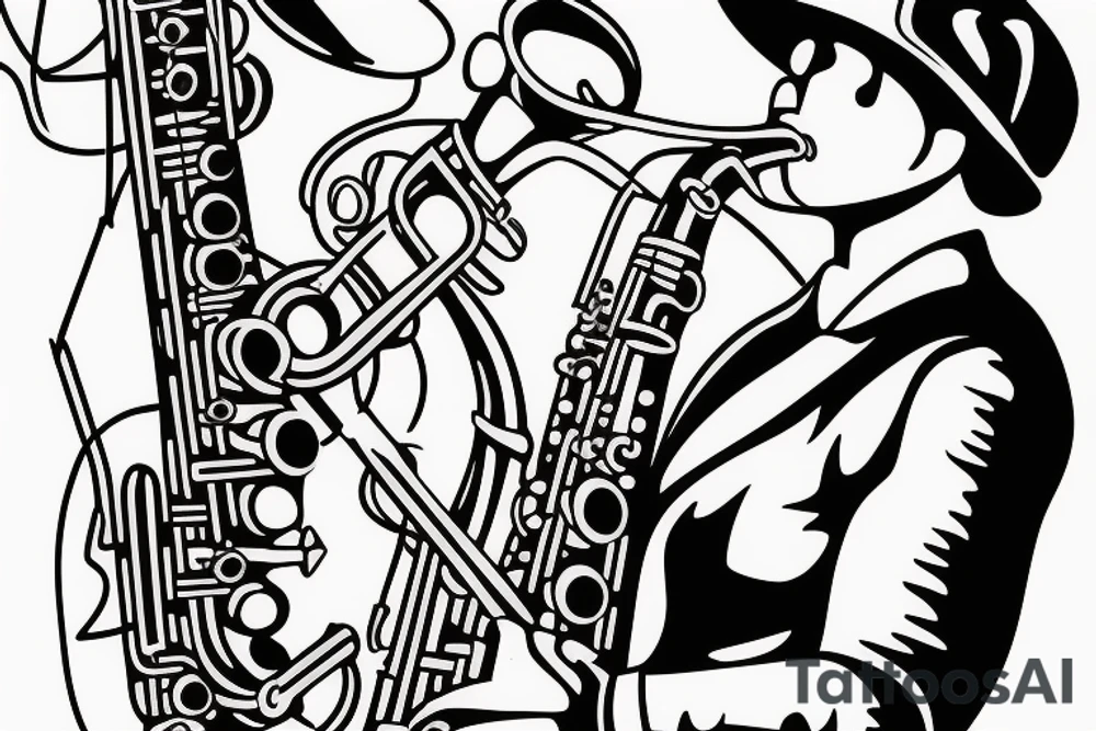 Robot playing a tenor saxophone in a Smokey Blues club tattoo idea