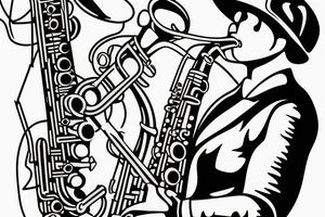 Robot playing a tenor saxophone in a Smokey Blues club tattoo idea