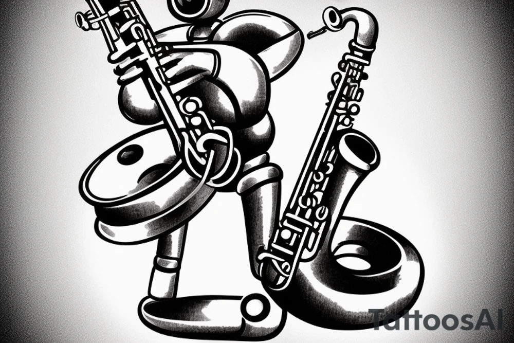 50's style Robot playing a tenor saxophone in a Smokey Blues club. There is a spotlight shining on the robot, the robot is old tattoo idea