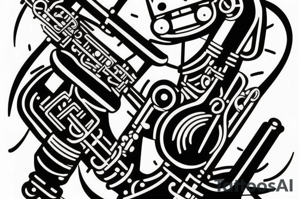 50's style Robot playing a tenor saxophone in a Smokey Blues club. There is a spotlight shining on the robot, the robot is old tattoo idea