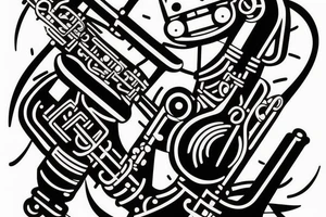 50's style Robot playing a tenor saxophone in a Smokey Blues club. There is a spotlight shining on the robot, the robot is old tattoo idea