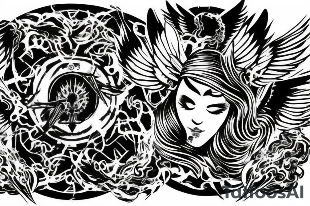 Angel with six wings surrounded by fire tattoo idea