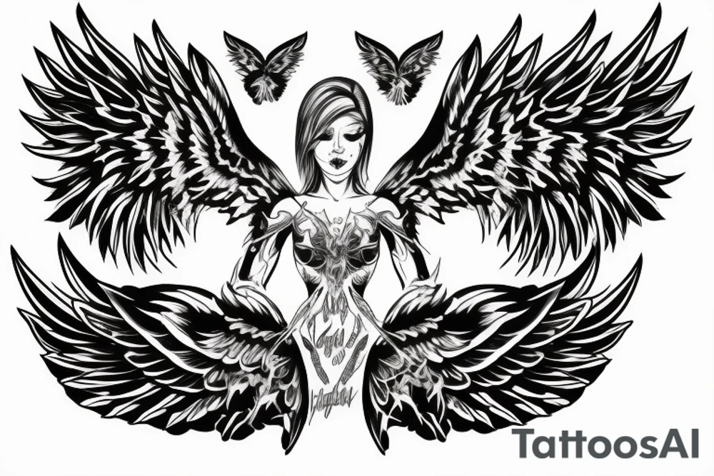 Angel with six wings surrounded by fire tattoo idea