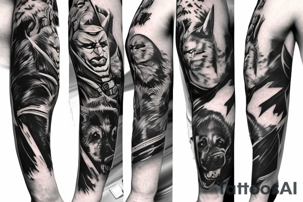 Arkham Batman with German shepherd Dog below on a sleeve tattoo idea