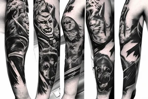 Arkham Batman with German shepherd Dog below on a sleeve tattoo idea
