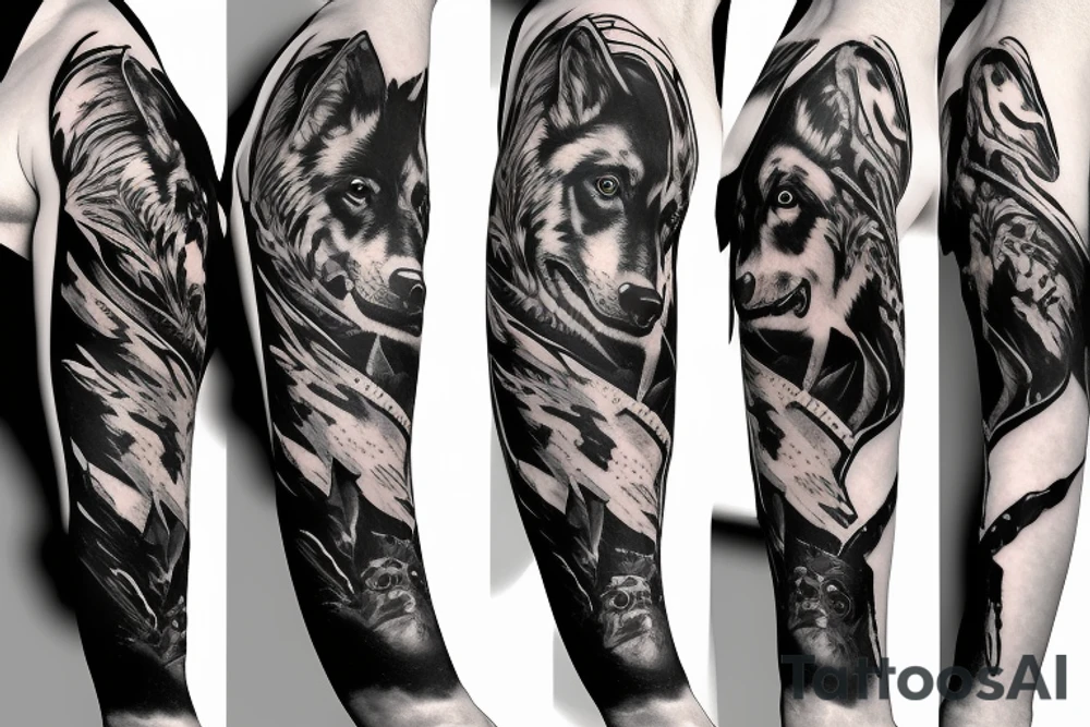 Arkham Batman with German shepherd Dog below on a sleeve tattoo idea