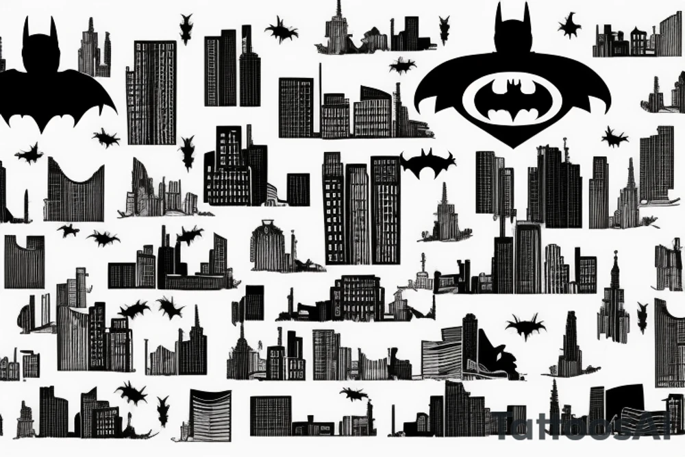 batman looking over a city, large concrete structures on sleeve tattoo idea