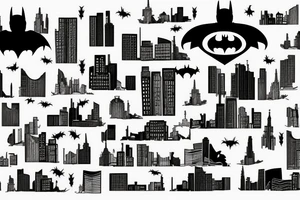 batman looking over a city, large concrete structures on sleeve tattoo idea