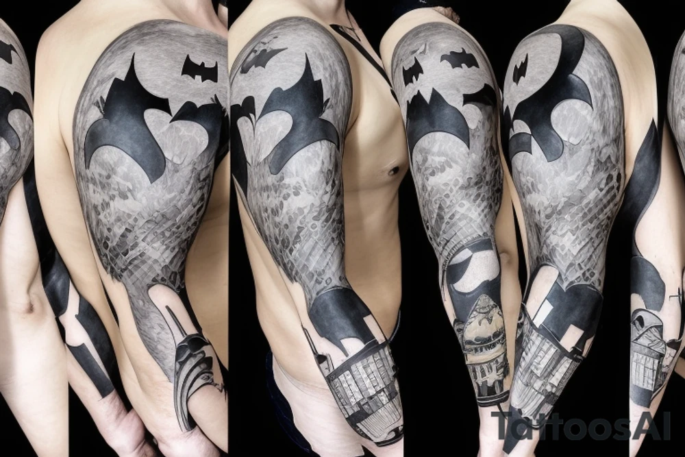 batman looking over a city, large concrete structures on sleeve tattoo idea