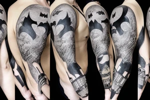 batman looking over a city, large concrete structures on sleeve tattoo idea