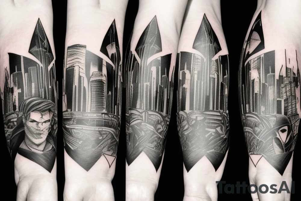 batman looking over a city sleeve tattoo idea