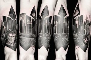 batman looking over a city sleeve tattoo idea