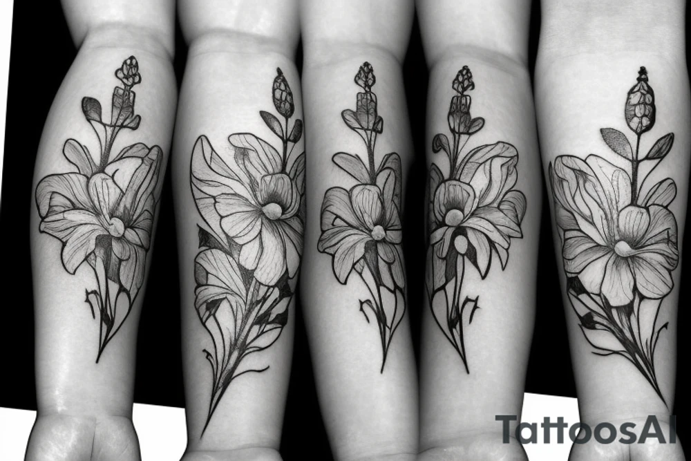 In the center a blossom of a larkspur. Left and right the same blossom of a lilly of the valley. Top and bottom a blossom of a poppy. tattoo idea