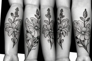 In the center a blossom of a larkspur. Left and right the same blossom of a lilly of the valley. Top and bottom a blossom of a poppy. tattoo idea