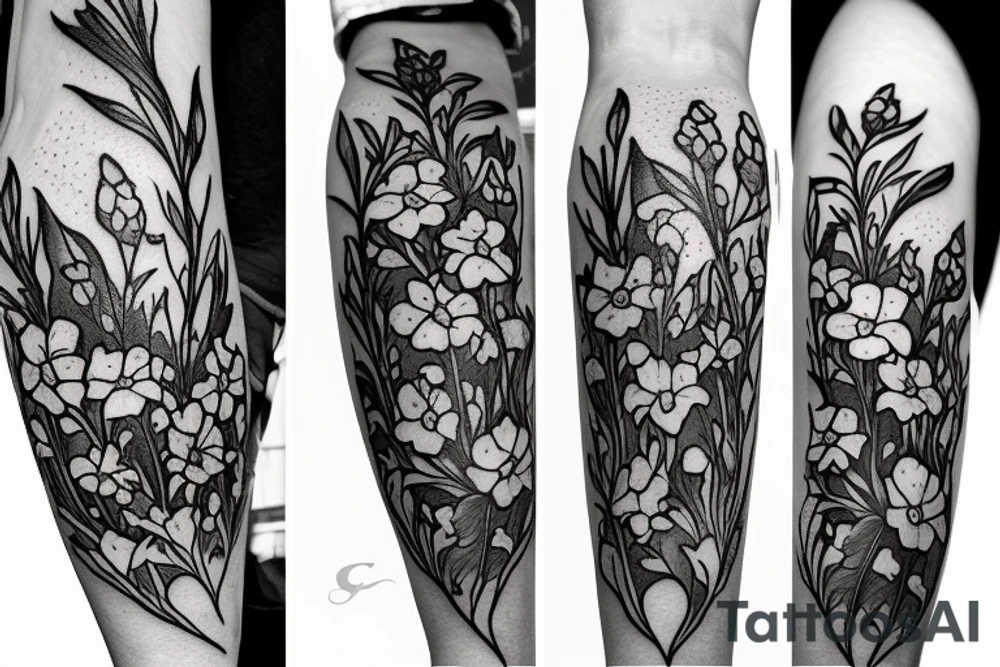 In the center a blossom of a larkspur. Left and right the same blossom of a lilly of the valley. Top and bottom a blossom of a poppy. tattoo idea