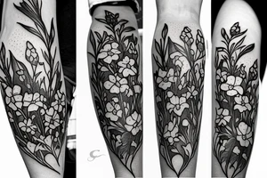 In the center a blossom of a larkspur. Left and right the same blossom of a lilly of the valley. Top and bottom a blossom of a poppy. tattoo idea