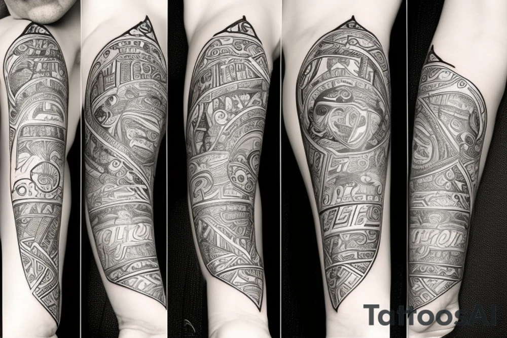 a left arm sleeve with arabesque and montreal theme tattoo idea