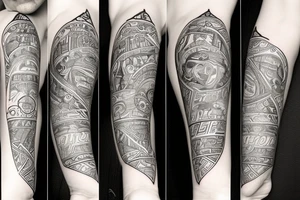 a left arm sleeve with arabesque and montreal theme tattoo idea