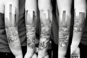 left arm sleeve montreal cityscape tattoo idea