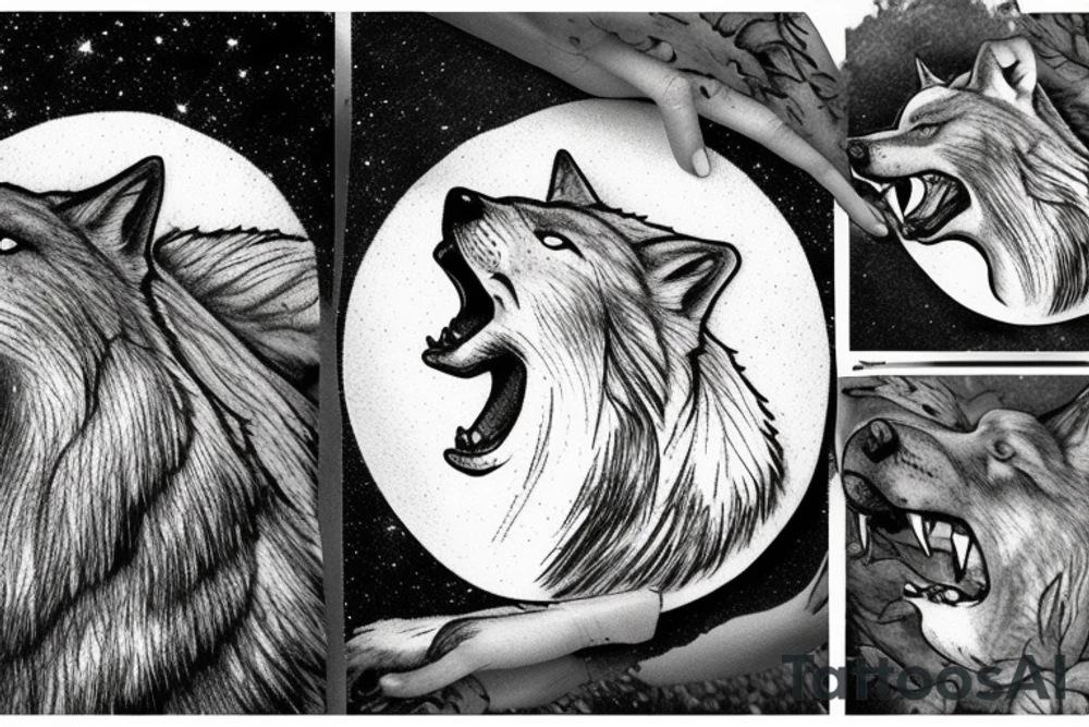 Wolf howling on stone with forest background and full moon tattoo idea Wolf howling on stone with forest background and full moon tattoo idea
