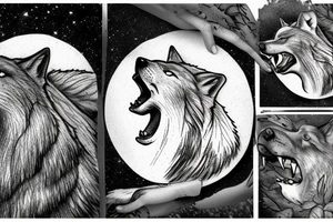 Wolf howling on stone with forest background and full moon tattoo idea