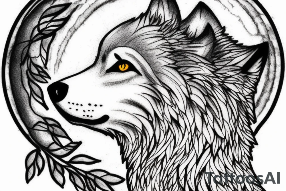 Wolf howling on stone with forest background and full moon tattoo idea Wolf howling on stone with forest background and full moon tattoo idea