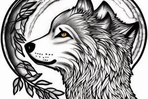 Wolf howling on stone with forest background and full moon tattoo idea