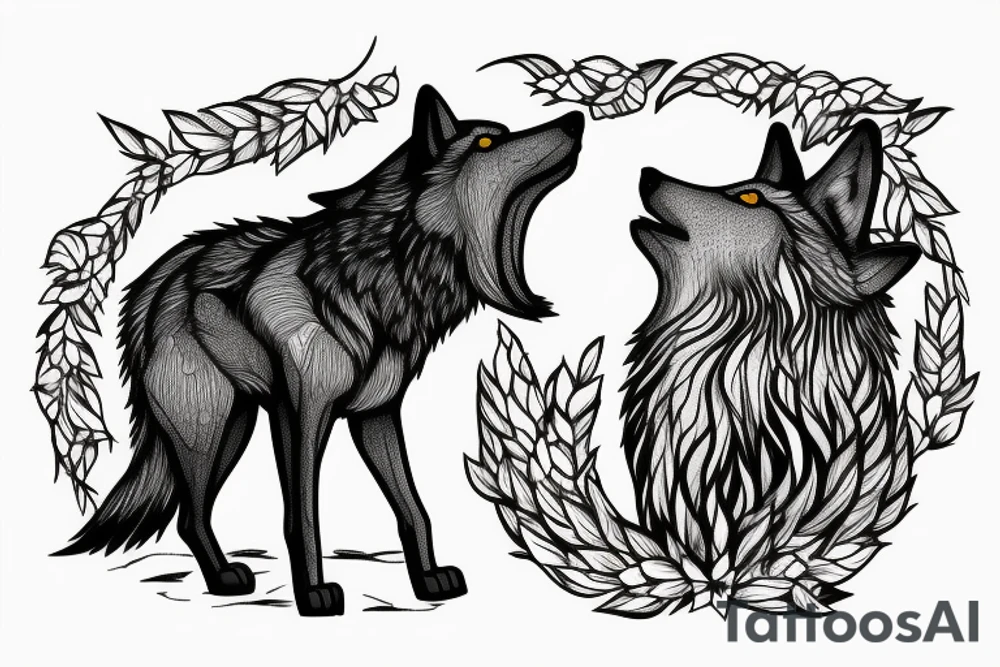Wolf howling on stone with forest background and full moon tattoo idea