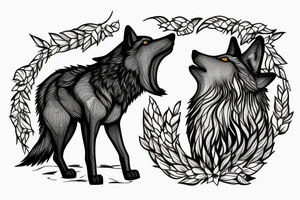 Wolf howling on stone with forest background and full moon tattoo idea