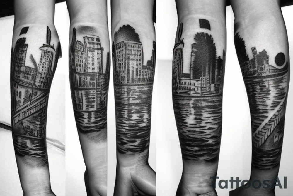 left arm sleeve montreal cityscape tattoo idea