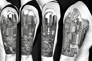 sleeve a cityscape of montreal including the mount royal and the olympic stadium and the river tattoo idea