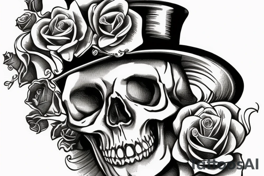 Traditional skull with top hat a rose and pocketwatch tattoo idea