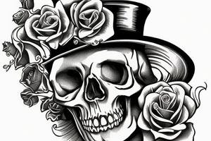 Traditional skull with top hat a rose and pocketwatch tattoo idea