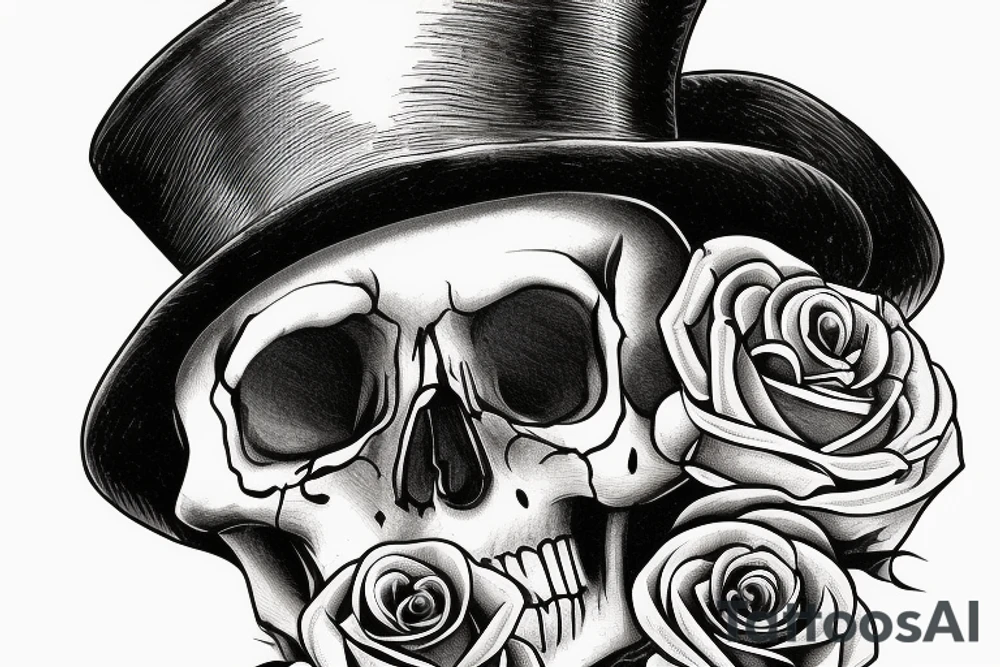 Traditional skull with top hat a rose and pocketwatch tattoo idea