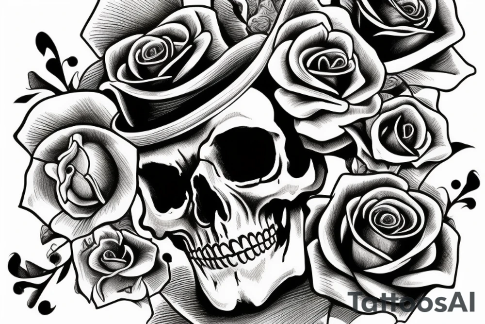 Traditional skull with top hat a rose and pocket watch tattoo idea