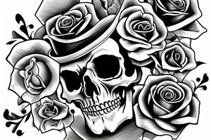Traditional skull with top hat a rose and pocket watch tattoo idea