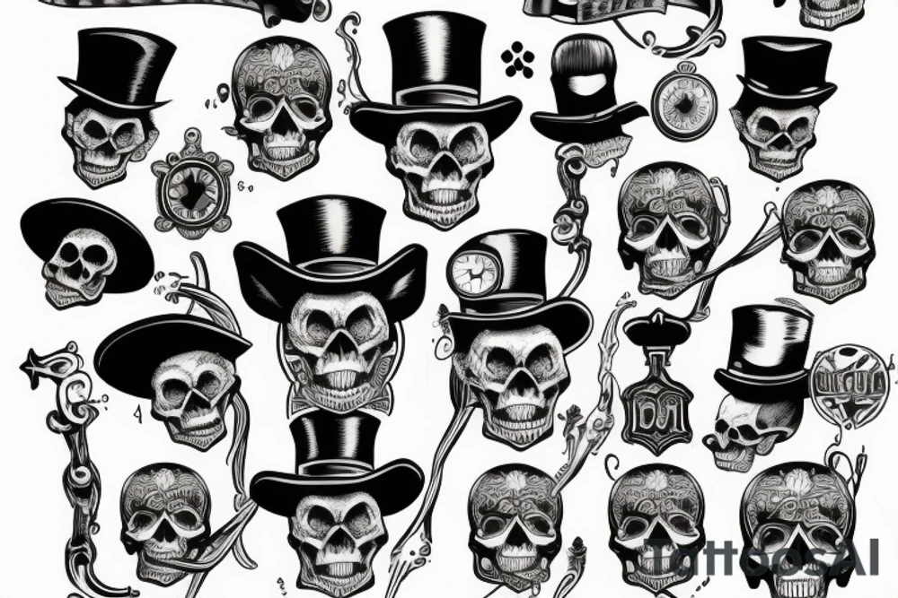 Traditional skull with top hat and pocket watch tattoo idea