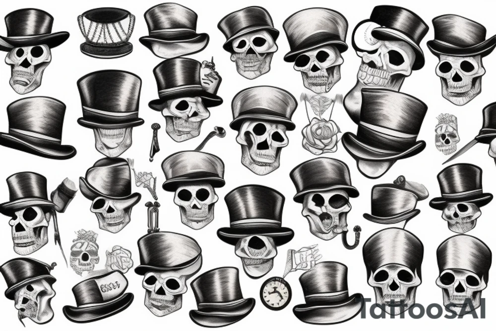 Traditional skull with top hat and pocket watch tattoo idea