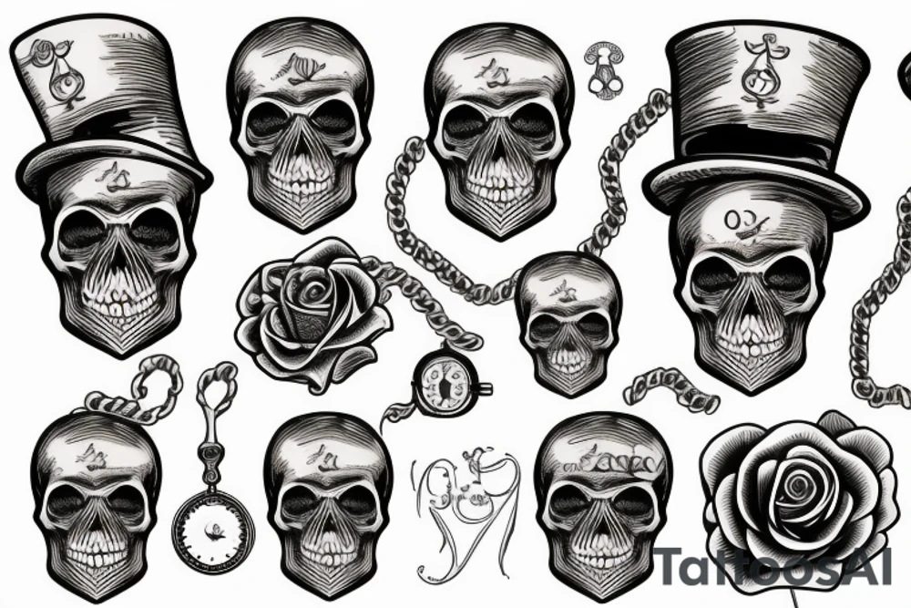 Traditional skull with top hat and pocket watch rose tattoo idea