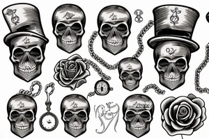Traditional skull with top hat and pocket watch rose tattoo idea
